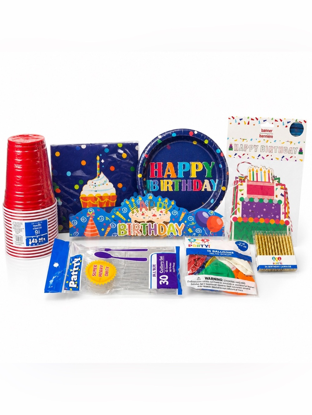 Happy Birthday Party Set Contains Cups Napkins Banner Balloons Candles Cutlery